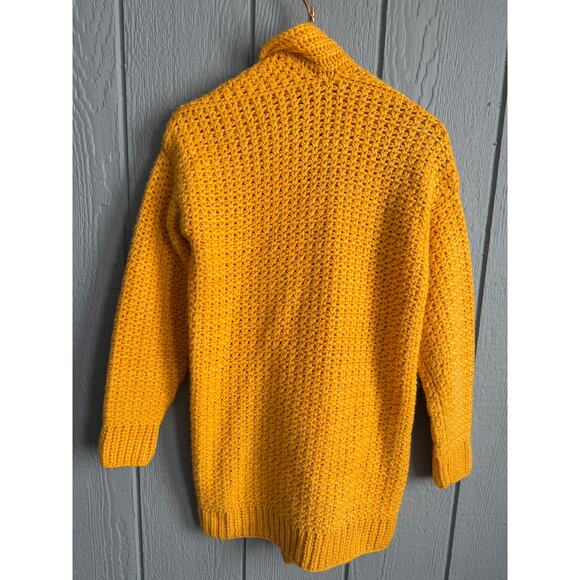 Vintage Hand Knit Chunky Cardigan Sweater Mustard Yellow Open Front Pockets - Picture 5 of 5